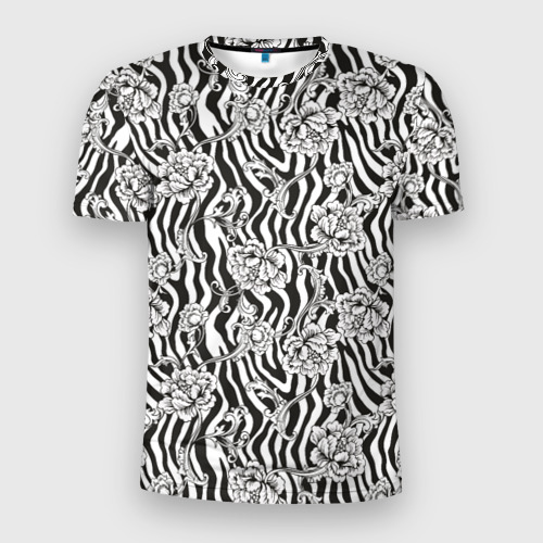 Мужская футболка 3D Slim Декоративные цветы на фоне зебры, цвет 3D печать