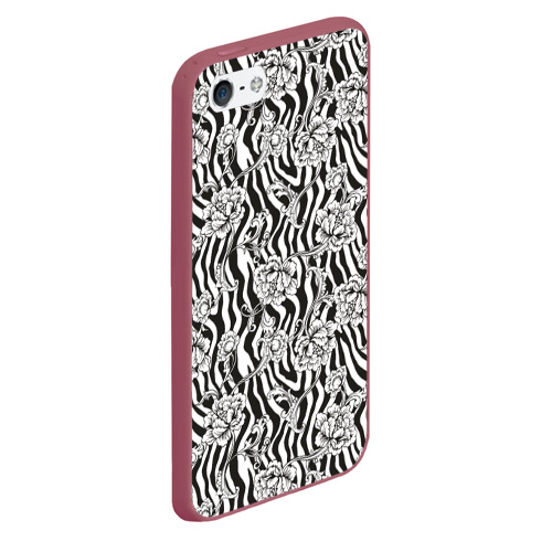 Чехол для iPhone 5/5S матовый Декоративные цветы на фоне зебры, цвет малиновый - фото 3