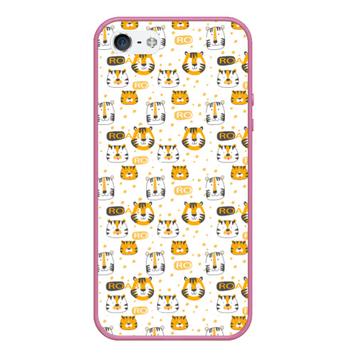 Чехол для iPhone 5/5S матовый Милые тигры паттерн, цвет малиновый