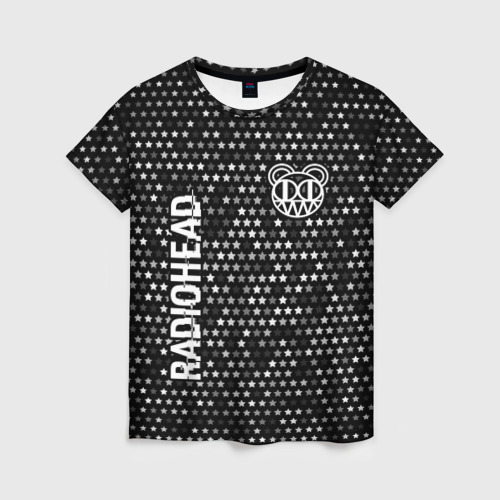 Женская футболка с принтом Radiohead glitch на темном фоне: надпись, символ, вид спереди №1