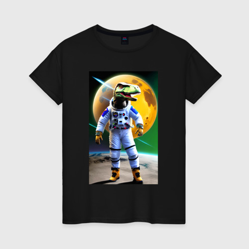Женская футболка хлопок с принтом Динозавр-космонавт - нейросеть, вид спереди #2