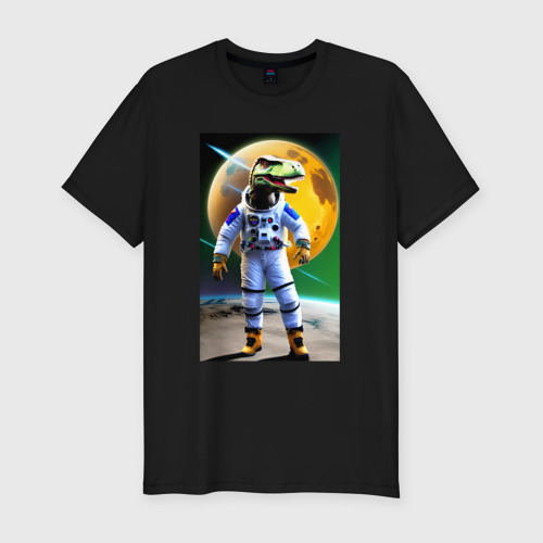 Мужская футболка хлопок Slim с принтом Динозавр-космонавт - нейросеть, вид спереди #2