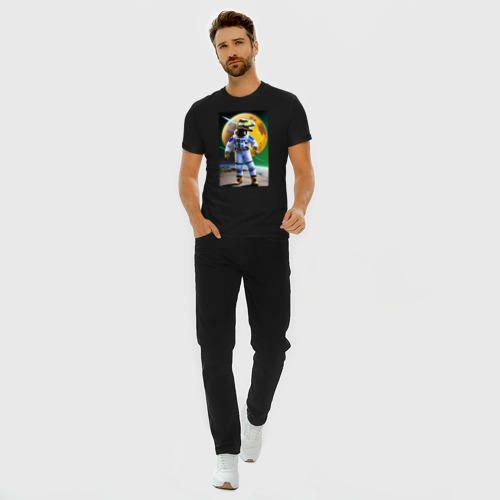Мужская футболка хлопок Slim с принтом Динозавр-космонавт - нейросеть, вид сбоку #3