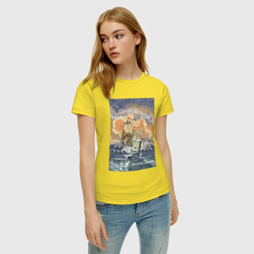 Женская футболка хлопок с принтом Летучий корабль, фото на моделе #1