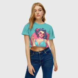 Женская футболка Crop-top 3D Девушка пин-ап в круглых очках: розовый круг - фото 2