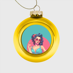 Стеклянный ёлочный шар Девушка пин-ап в круглых очках: розовый круг