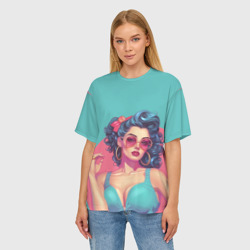Женская футболка oversize 3D Девушка пин-ап в круглых очках: розовый круг - фото 2