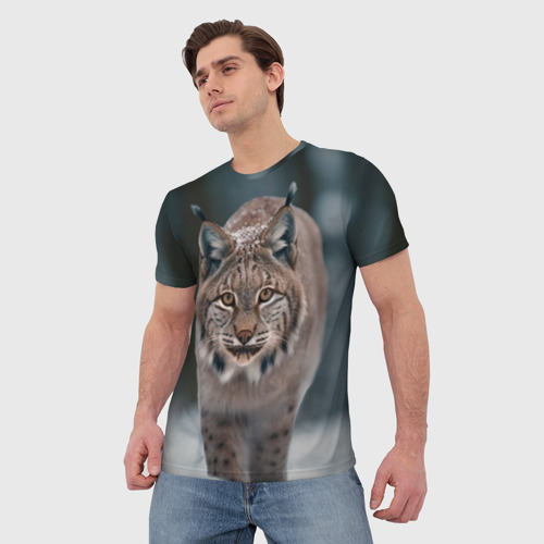 Мужская футболка 3D с принтом Рысь лесная, фото на моделе #1