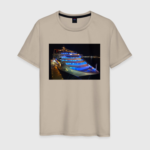 Мужская футболка хлопок с принтом Яхта в ночном порту, вид спереди #2