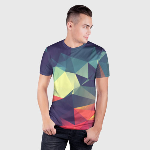 Мужская футболка 3D Slim с принтом Разноцветный полигональный узор, фото на моделе #1