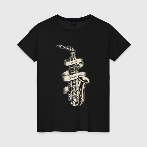 Женская футболка хлопок Mood jazz sax, цвет черный