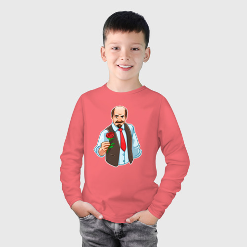 Детский лонгслив хлопок с принтом Ленин с розой, фото на моделе #1