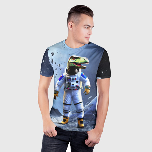 Мужская футболка 3D Slim с принтом Тираннозавр-космонавт, фото на моделе #1