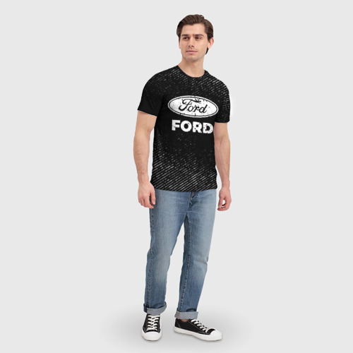 Мужская футболка 3D с принтом Ford с потертостями на темном фоне, вид сбоку #3
