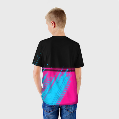 Детская футболка 3D с принтом Great Wall - neon gradient: символ сверху, вид сзади #2