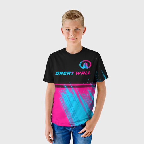 Детская футболка 3D с принтом Great Wall - neon gradient: символ сверху, фото на моделе #1