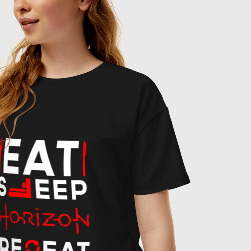 Женская футболка хлопок Oversize Надпись eat sleep Horizon repeat, цвет черный - фото 3