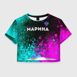 Женская футболка Crop-top 3D Марина и неоновый герб России: символ сверху