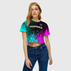 Женская футболка Crop-top 3D Марина и неоновый герб России: символ сверху - фото 2