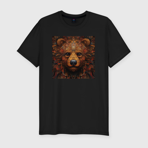 Мужская футболка хлопок Slim с принтом Морда медведя в стиле русской хохломы, вид спереди #2