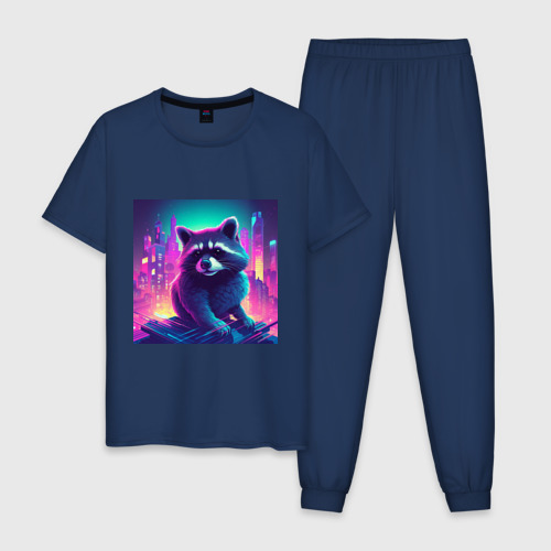 Мужская пижама хлопок Енот на фоне неонового города, цвет темно-синий