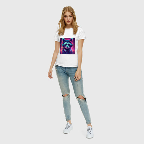Женская футболка хлопок с принтом Антропоморфный енот в наушниках на фоне киберпанк-города, вид сбоку #3