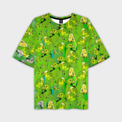 Мужская футболка oversize 3D Зеленые волнистые попугайчики