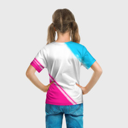 Футболка с принтом Akira neon gradient style: надпись, символ для ребенка, вид на модели сзади №3. Цвет основы: белый