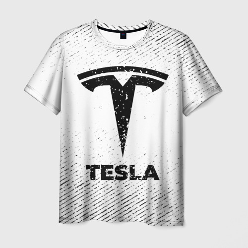 Мужская футболка с принтом Tesla с потертостями на светлом фоне, вид спереди №1