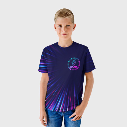 Детская футболка 3D с принтом Saab neon speed lines, фото на моделе #1