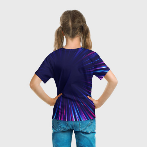 Детская футболка 3D с принтом Saab neon speed lines, вид сзади #2