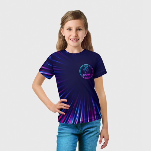 Детская футболка 3D с принтом Saab neon speed lines, вид сбоку #3