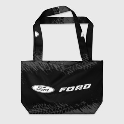 Пляжная сумка 3D Ford Speed на темном фоне со следами шин: надпись и символ
