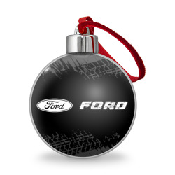 Ёлочный шар Ford Speed на темном фоне со следами шин: надпись и символ