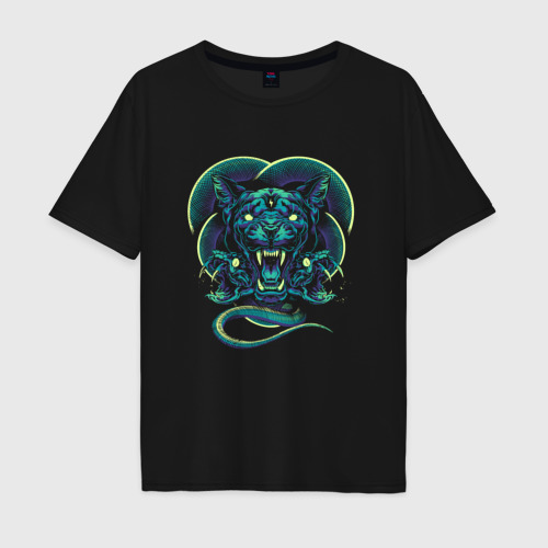 Мужская футболка оверсайз из хлопка с принтом Пантера и ядовитые змеи, вид спереди №1