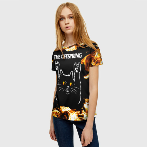 Женская футболка 3D с принтом The Offspring рок кот и огонь, фото на моделе #1