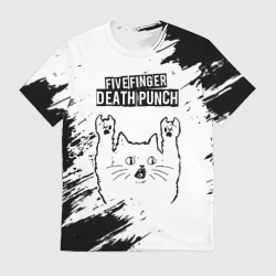 Мужская футболка 3D Five Finger Death Punch рок кот на светлом фоне