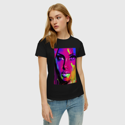 Женская футболка хлопок с принтом Эскиз лица девушки - авангард, фото на моделе #1