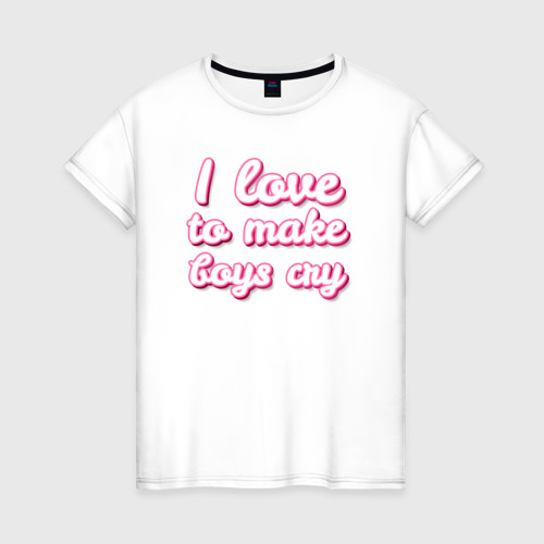Женская футболка из хлопка с принтом I love to make boys cry барби стиль, вид спереди №1