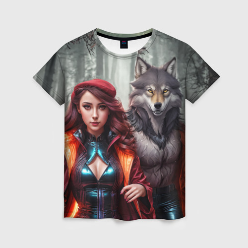 Женская футболка 3D с принтом Красная шапочка и волк, вид спереди #2
