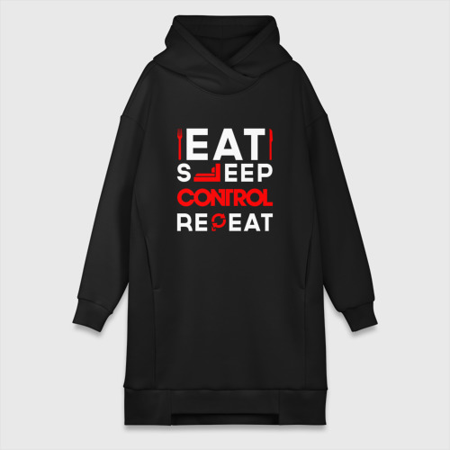 Платье-худи хлопок Надпись eat sleep Control repeat, цвет черный