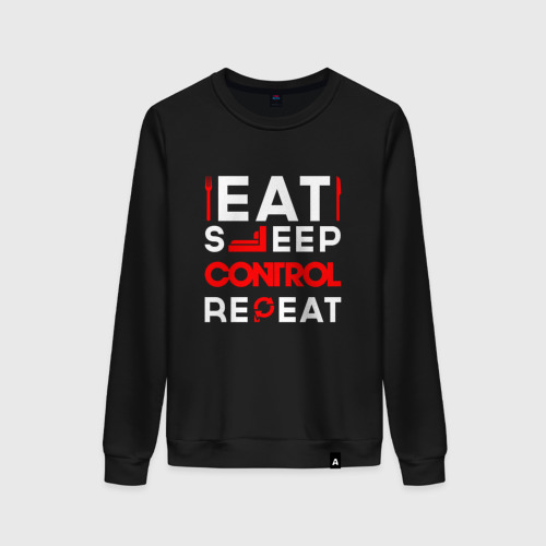 Женский свитшот хлопок Надпись eat sleep Control repeat, цвет черный