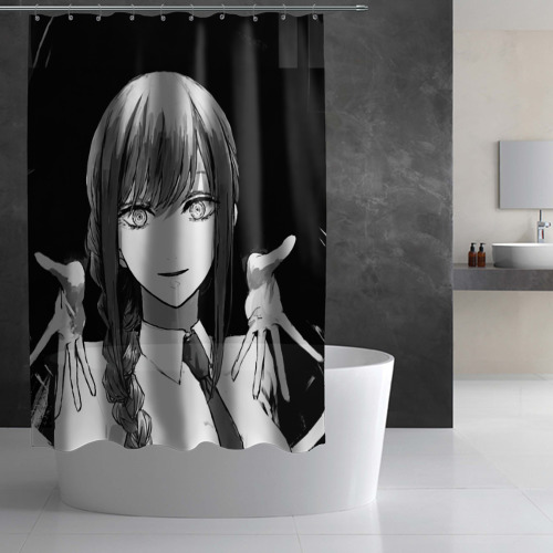 Штора 3D для ванной Макима тянет ручки - Человек - бензопила - фото 3