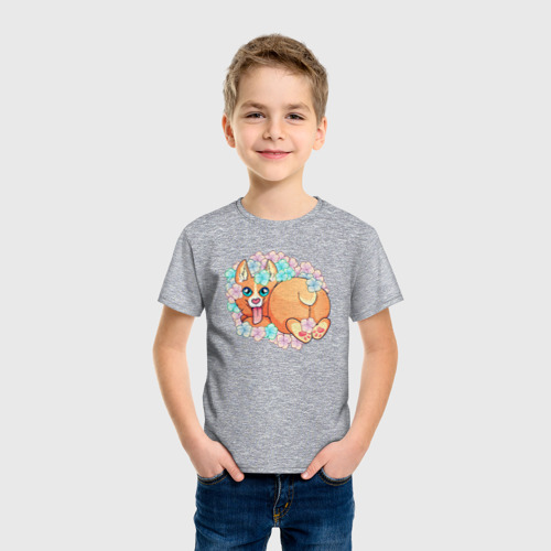 Детская футболка хлопок с принтом Корги в гортензиях, фото на моделе #1