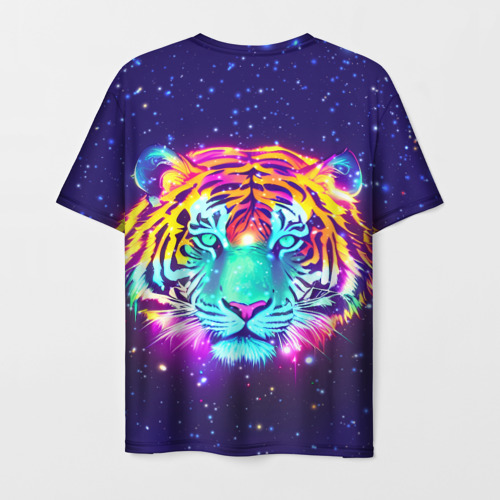 Мужская футболка 3D с принтом Светящаяся голова тигра и звезды, вид сзади #1