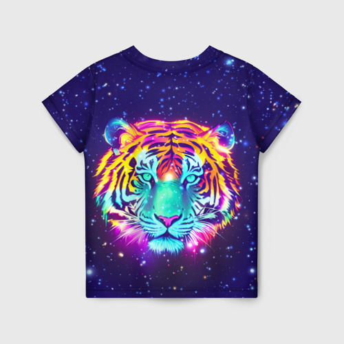 Детская футболка 3D с принтом Светящаяся голова тигра и звезды, вид сзади #1