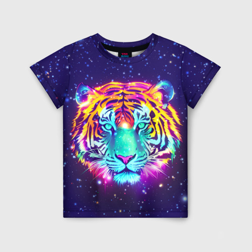 Детская футболка 3D с принтом Светящаяся голова тигра и звезды, вид спереди #2