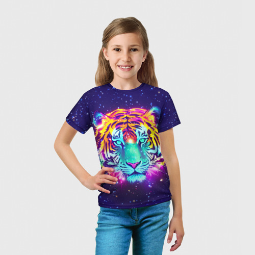 Детская футболка 3D с принтом Светящаяся голова тигра и звезды, вид сбоку #3