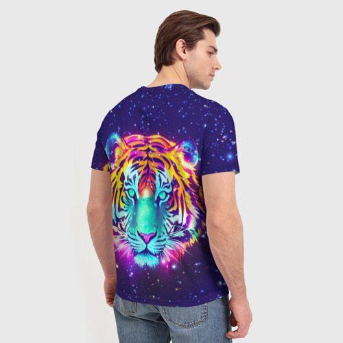 Мужская футболка 3D с принтом Светящаяся голова тигра и звезды, вид сзади #2