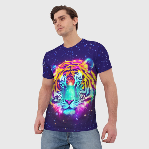 Мужская футболка 3D с принтом Светящаяся голова тигра и звезды, фото на моделе #1